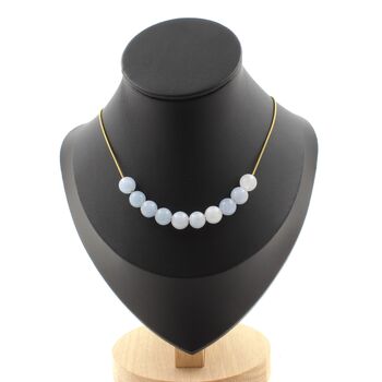 Collier 10 perles Calcédoine bleu 8 mm. Chaine en acier doré inoxydable