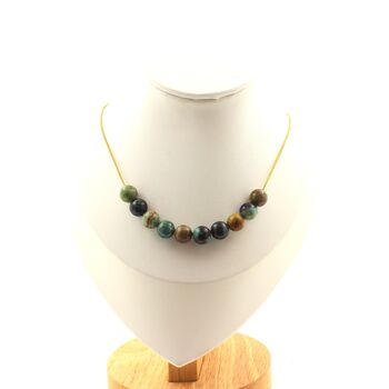 Chrysocolla from Namibia quality 7A 8 mm 10 beads necklace. Golden stainless steel chain