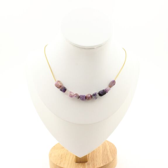 Charoite from Russia 10 beads necklace. Golden stainless steel chain