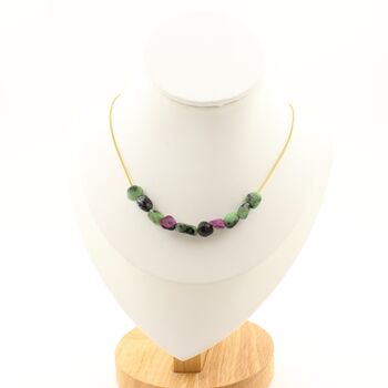 Collier 10 perles Epidote de Myanmar (Birmanie). Chaine en acier doré inoxydable