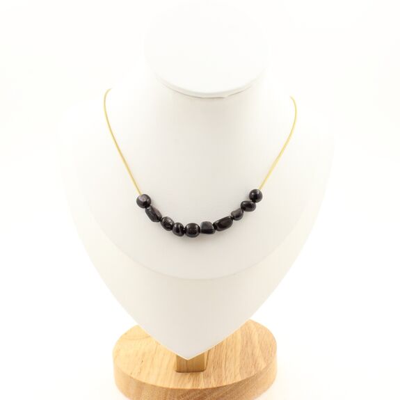 Hypersthene from Egypt 10 beads necklace. Golden stainless steel chain