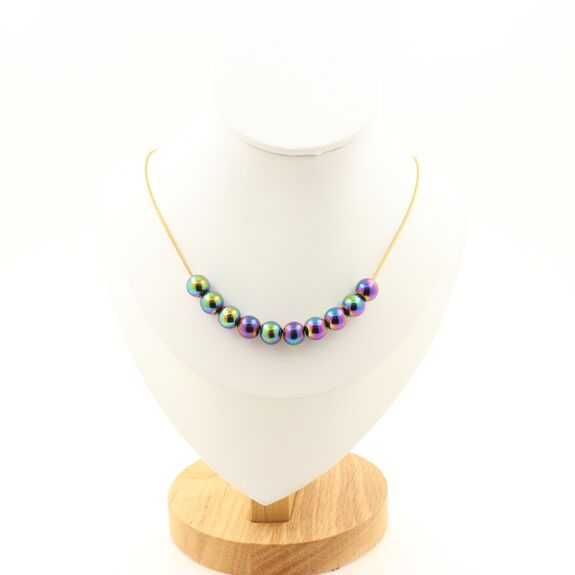 Multicolored hematite 8 mm 10 beads necklace. Golden stainless steel chain