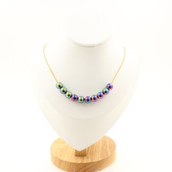 Collier 10 perles Hématite multicolore 8 mm. Chaine en acier doré inoxydable