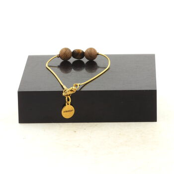 Golden Stainless steel bracelet 1 Freeform Tiger's Eye from South Africa + wood Beads 8mm.