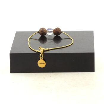 Golden Stainless steel bracelet 1 Freeform Moonstone from India Beads + wood 8mm.