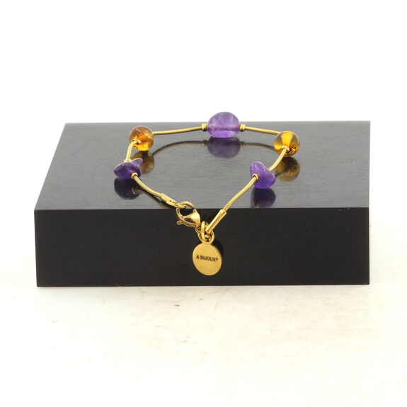 Golden Stainless steel bracelet 5 Genuine Baltic Sea Amber Beads + Amethyst from Brazil 5mm-6mm.