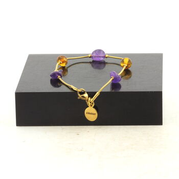 Golden Stainless steel bracelet 5 Genuine Baltic Sea Amber Beads + Amethyst from Brazil 5mm-6mm.