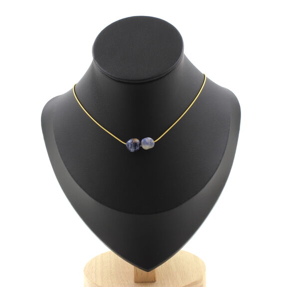 Collier 2 perles Jaspe bleu d'Afrique du Sud. Chaine en acier doré inoxydable