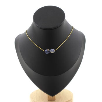Blue jasper from South Africa 2 beads necklace. Golden stainless steel chain