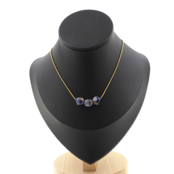 Collier 3 perles Jaspe bleu d'Afrique du Sud. Chaine en acier doré inoxydable