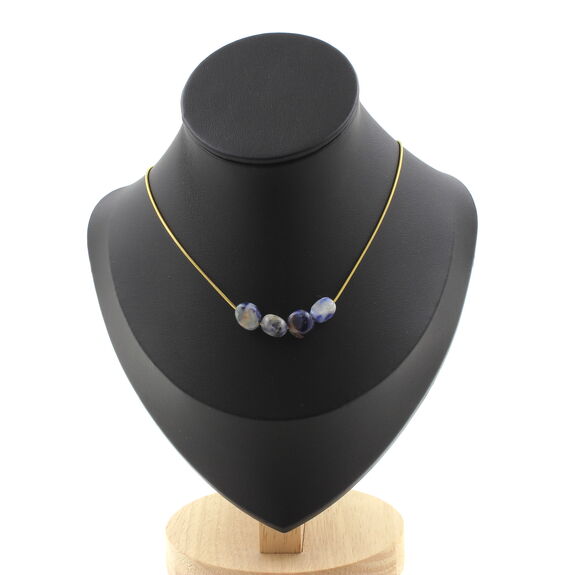 Collier 4 perles Jaspe bleu d'Afrique du Sud. Chaine en acier doré inoxydable
