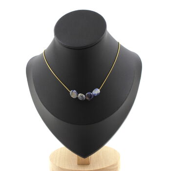 Collier 4 perles Jaspe bleu d'Afrique du Sud. Chaine en acier doré inoxydable