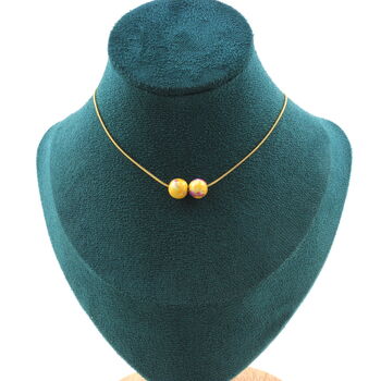 Collier 2 perles Jaspe jaune violet 8 mm. Chaine en acier doré inoxydable