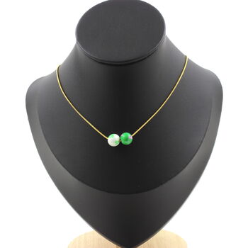 Collier 2 perles Jaspe rose vert 8 mm. Chaine en acier doré inoxydable