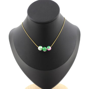 Collier 3 perles Jaspe rose vert 8 mm. Chaine en acier doré inoxydable