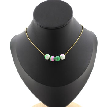 Collier 4 perles Jaspe rose vert 8 mm. Chaine en acier doré inoxydable