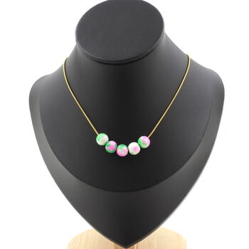 Green pink Jasper 8 mm 5 beads necklace. Golden stainless steel chain