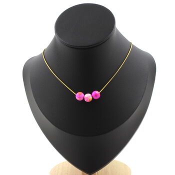 Collier 3 perles Jaspe rose jaune 8 mm. Chaine en acier doré inoxydable