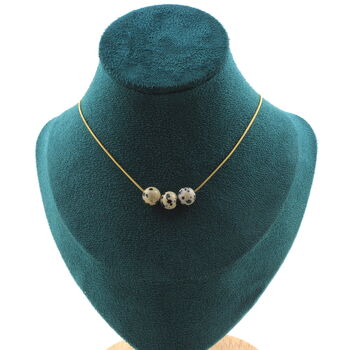 Dalmatian Jasper 8 mm 3 beads necklace. Golden stainless steel chain