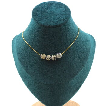Dalmatian Jasper 8 mm 4 beads necklace. Golden stainless steel chain