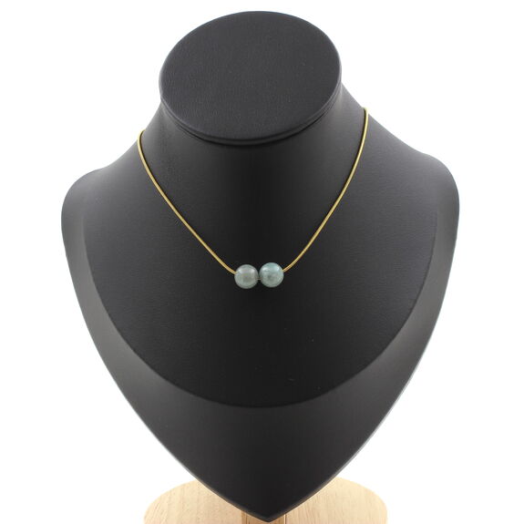 Collier 2 perles Jade 8 mm. Chaine en acier doré inoxydable