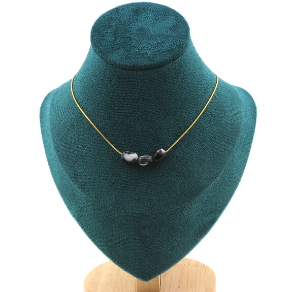 Zebra jasper from Brazil 3 beads necklace. Golden stainless steel chain