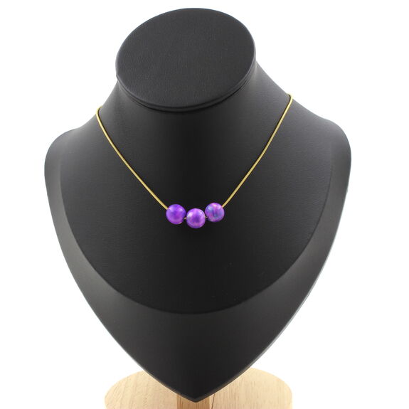 Blue purple Jasper 8 mm 3 beads necklace. Golden stainless steel chain