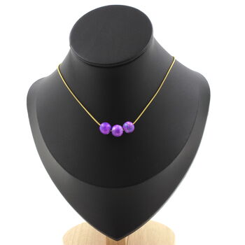 Blue purple Jasper 8 mm 3 beads necklace. Golden stainless steel chain