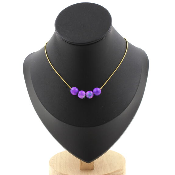 Blue purple Jasper 8 mm 4 beads necklace. Golden stainless steel chain