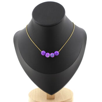Blue purple Jasper 8 mm 4 beads necklace. Golden stainless steel chain