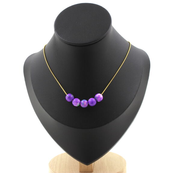 Blue purple Jasper 8 mm 5 beads necklace. Golden stainless steel chain