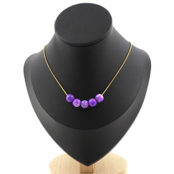 Blue purple Jasper 8 mm 5 beads necklace. Golden stainless steel chain