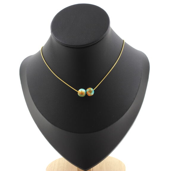 Orange blue Jasper 8 mm 2 beads necklace. Golden stainless steel chain