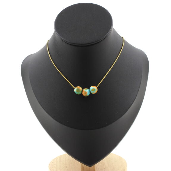 Orange blue Jasper 8 mm 3 beads necklace. Golden stainless steel chain