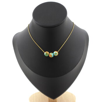 Collier 3 perles Jaspe bleu orange 8 mm. Chaine en acier doré inoxydable