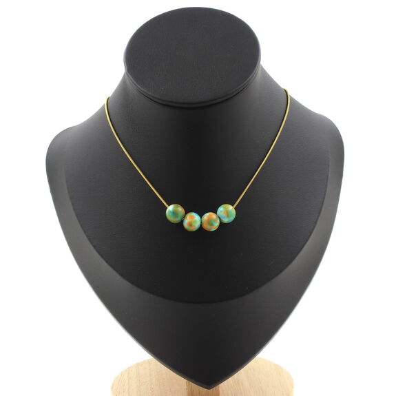 Orange blue Jasper 8 mm 4 beads necklace. Golden stainless steel chain