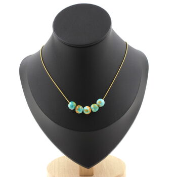 Orange blue Jasper 8 mm 5 beads necklace. Golden stainless steel chain