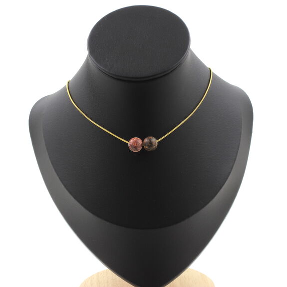 Leopard Jasper 8 mm 2 beads necklace. Golden stainless steel chain