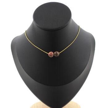 Collier 2 perles Jaspe léopard 8 mm. Chaine en acier doré inoxydable