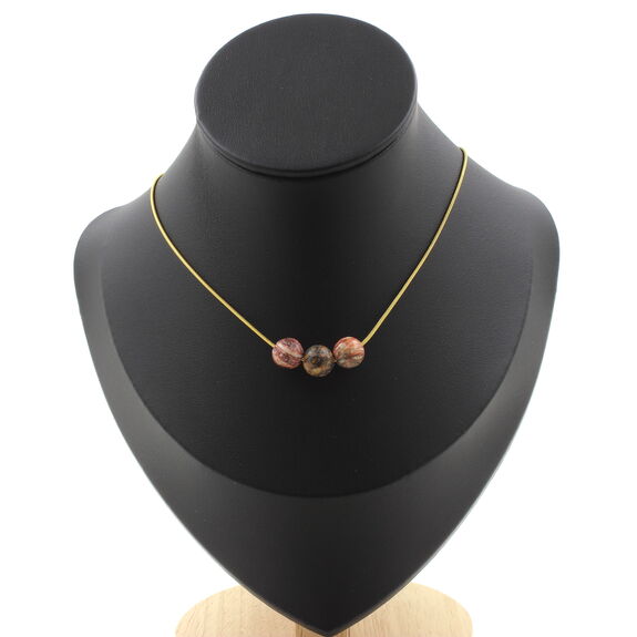 Leopard Jasper 8 mm 3 beads necklace. Golden Stainless steel chain