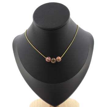 Collier 3 perles Jaspe léopard 8 mm. Chaine en acier doré inoxydable