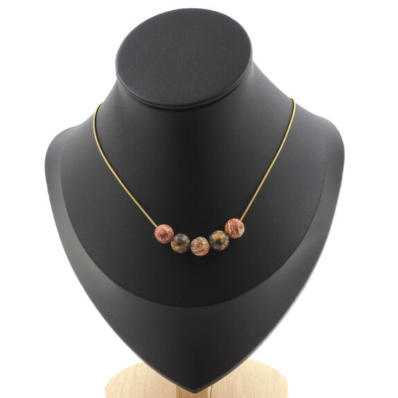 Leopard Jasper 8 mm 5 beads necklace. Golden stainless steel chain