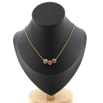 Collier 3 perles Jaspe vert rouge 8 mm. Chaine en acier doré inoxydable