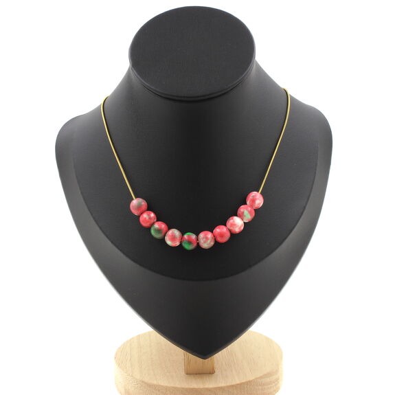 Red green Jasper 8 mm 10 beads necklace. Golden stainless steel chain