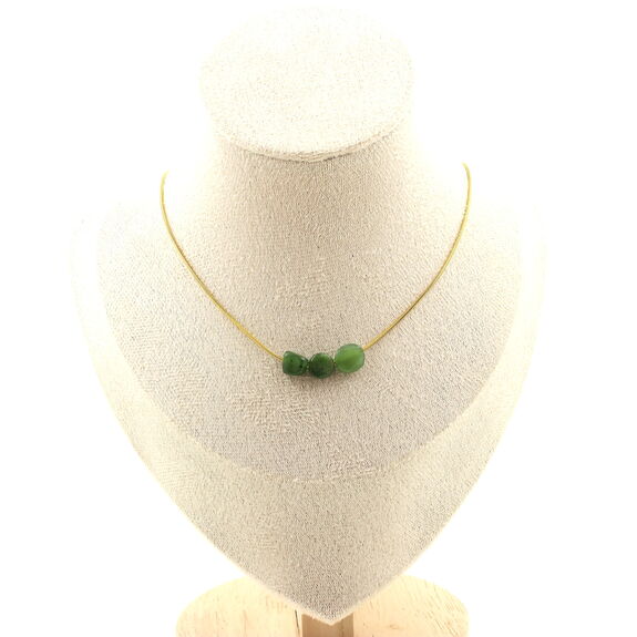 Nephrite Jade from Siberia (Russia) 3 beads necklace. Golden stainless steel chain