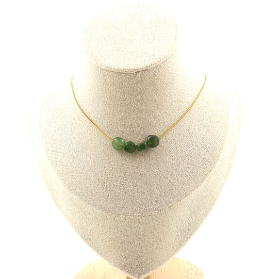 Nephrite Jade from Siberia (Russia) 4 beads necklace. Golden stainless steel chain