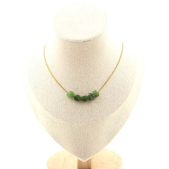 Nephrite Jade from Siberia (Russia) 5 beads necklace. Golden stainless steel chain