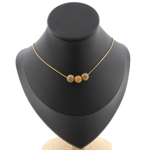 Landscape Jasper 8 mm 3 beads necklace. Golden stainless steel chain