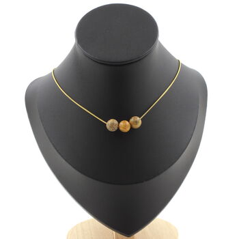 Landscape Jasper 8 mm 3 beads necklace. Golden stainless steel chain