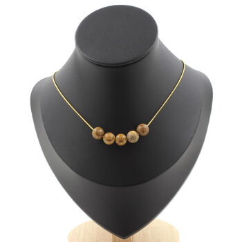 Landscape Jasper 8 mm 5 beads necklace. Golden stainless steel chain